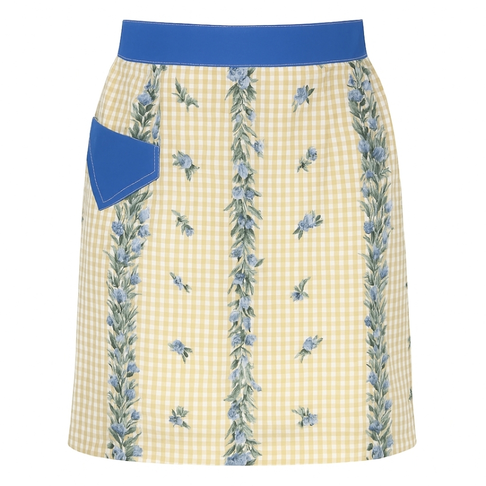 Vintage Floral Gingham Kitchen Apron with Blue Accents